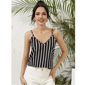 Shein Double V Neck Striped Strappy Spaghetti Sleeveless Blouse Cami Tank Top M